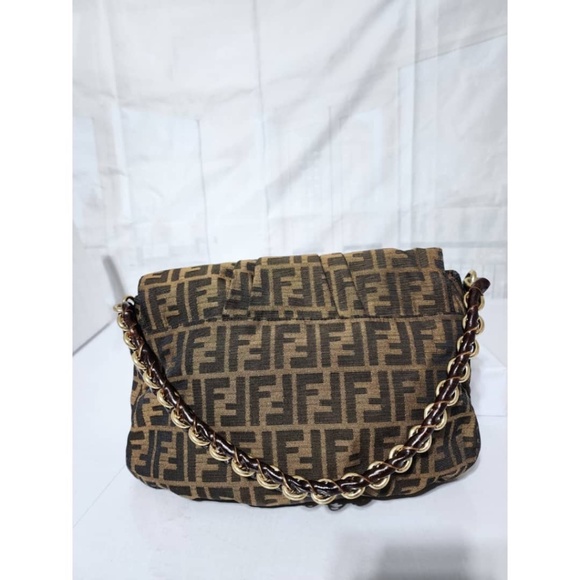 Authentic Fendi Tobacco Zucca Canvas Mia Flap Shoulder Bag Brown - Picture 5 of 16